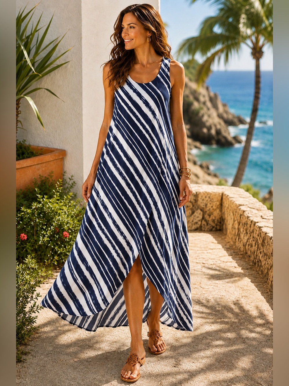 Tommy Bahama Blue White Striped Tulip Hem Maxi Dress Rayon Blend Medium